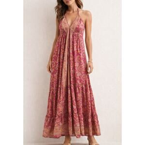 Jackpot Halter Printed Maxi Dress Pink One Size